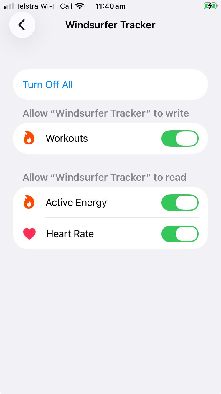 Health permissions settings showing Heart Rate and Workouts enabled